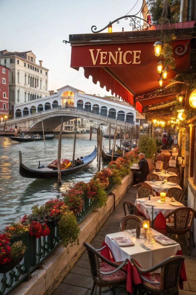 Terrasse de restaurant éclairée avec auvent rouge marqué "VENICE" au bord du Grand Canal à Venise, avec des gondoles et le pont du Rialto en arrière-plan au crépuscule.